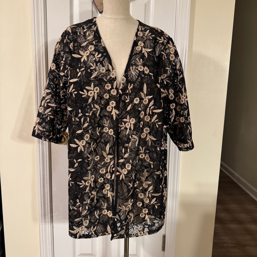 Catherines 2XWP Petite Black Floral Lace Kimono Jacket Duster